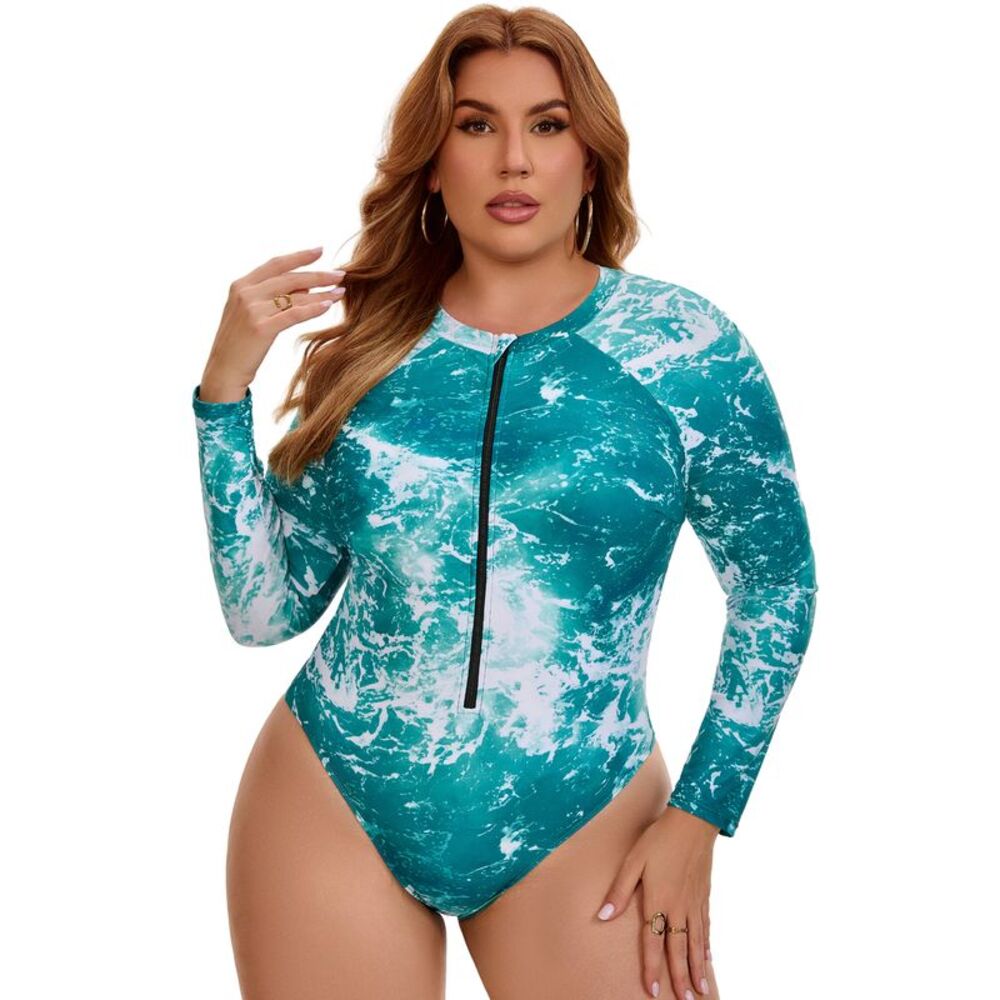 Women Plus Size Tie Dye Long Sleeve Zipper Surfing Swimwear Green